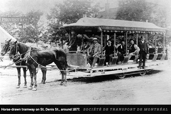 Horse drawn tramway on St Denis Street Circa 1877.